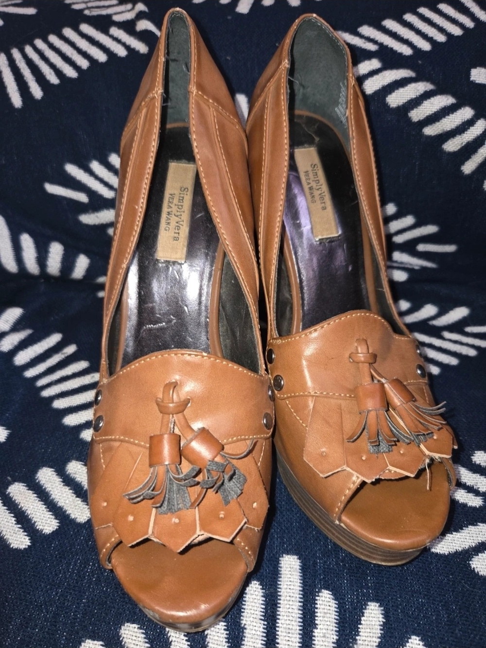 Vera Wang Tan Tassel Peep-Toe Heels